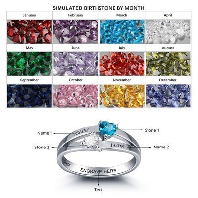 Glamcarat Personalized Mothers Ring 2 Birthstones Sterling Silver Customized Engraved Heart Shaped Jewelry For Women Promise Ring For Her Name Ring (Sterling-Silver, 7) #TOP1