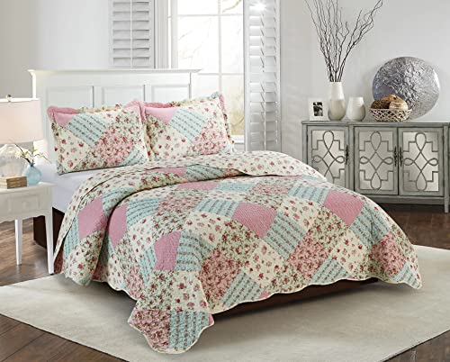Brilliant Sunshine 026 Pink And Green Rose Patchwork Pillowshams Set thumb #6