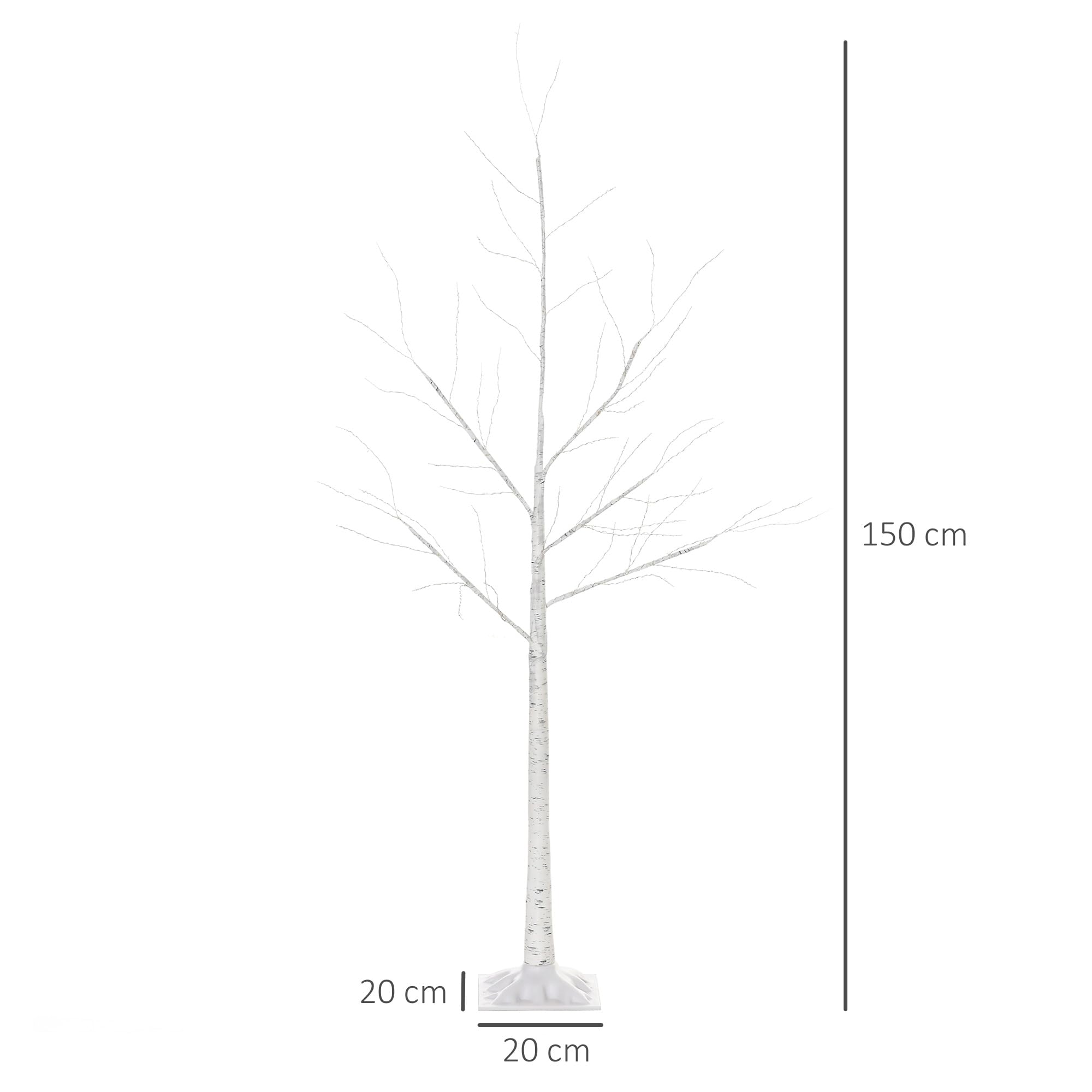 HOMCOM Albero di Natale con Luci LED, Base Quadrata e Cavo di Alimentazione per Interni ed Esterni, in Acciaio e PP, 20x20x150, Bianco