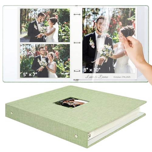 Vienrose Photo Album Self Adhesive 3 Ring Binder Photo Albums, Linen Cover Scrapbook Album, Photo Album Book with Sticky Pages Fit 2x3 4x6 5x7 8x10 Photos (Lightgreen, 20 Sheets/ 40 Pages)