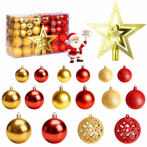 Trailabo Kit de 101 Bolas Enfeites de Natal, com Designs Brilhantes/Mate/Foscos/Trabalhados em Tamanhos, 3/4/6 cm, Enfeite de Árvore de Natal em Forma de Estrela - Vermelho e Dourado (101)
