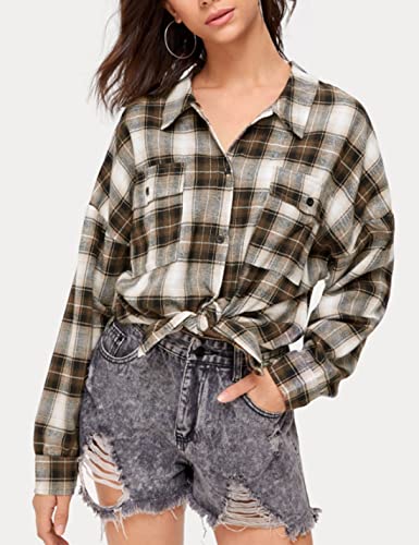 Image of HangNiFang Womens Flannel Plaid Shirts Oversized Button Shirts Blouse Tops