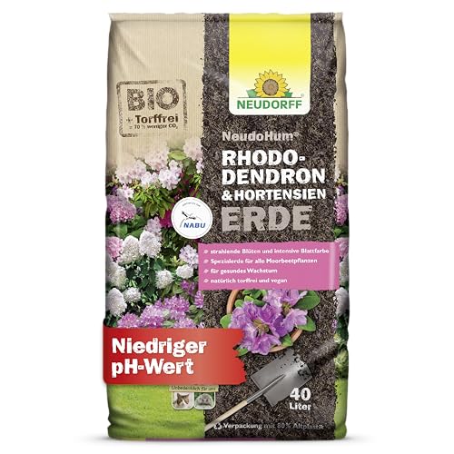 Neudorff NeudoHum RhododendronErde 40L Erde torffrei für Hortensien - Bio HortensienErde - für prächtige Rhododendron in Topf und Kübel - auch für Moorbeetpflanzen geeignet