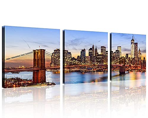 TutuBeer City Wall Canvas for Home Decor New York Wall Art Canvas Brooklyn Bridge Canvas Art Manhattan Skyline Wall Art City Picture Print on Canvas Stretched and Framed Ready to Hang, 12x12inchx3PCS