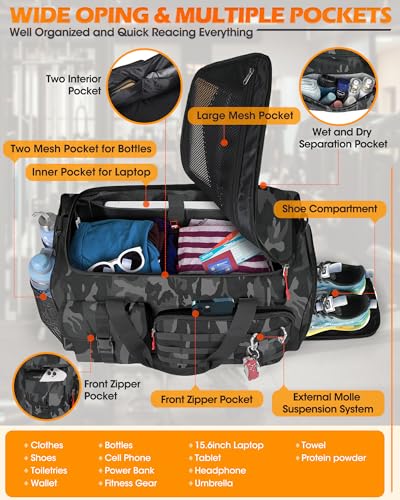 RAINSMORE Gym Bag for Men, 45L Sports Travel Duffel Bag with Shoe & Laptop Compartment, Gym Workout Backpack Carry On Weekender Bag Overnight Backpack for Travel, Black Camo4