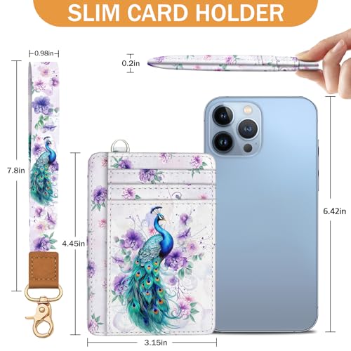Image of Yonlevres Peacock Credit Card Holder Slim RFID Wallet Women Wristlet Small | Front Pocket, Handy, RFID Blocking, Woman Girls Ladies Gifts, D-ring for Keychain,Thin Mini Card Case, ID Window, PU Leather