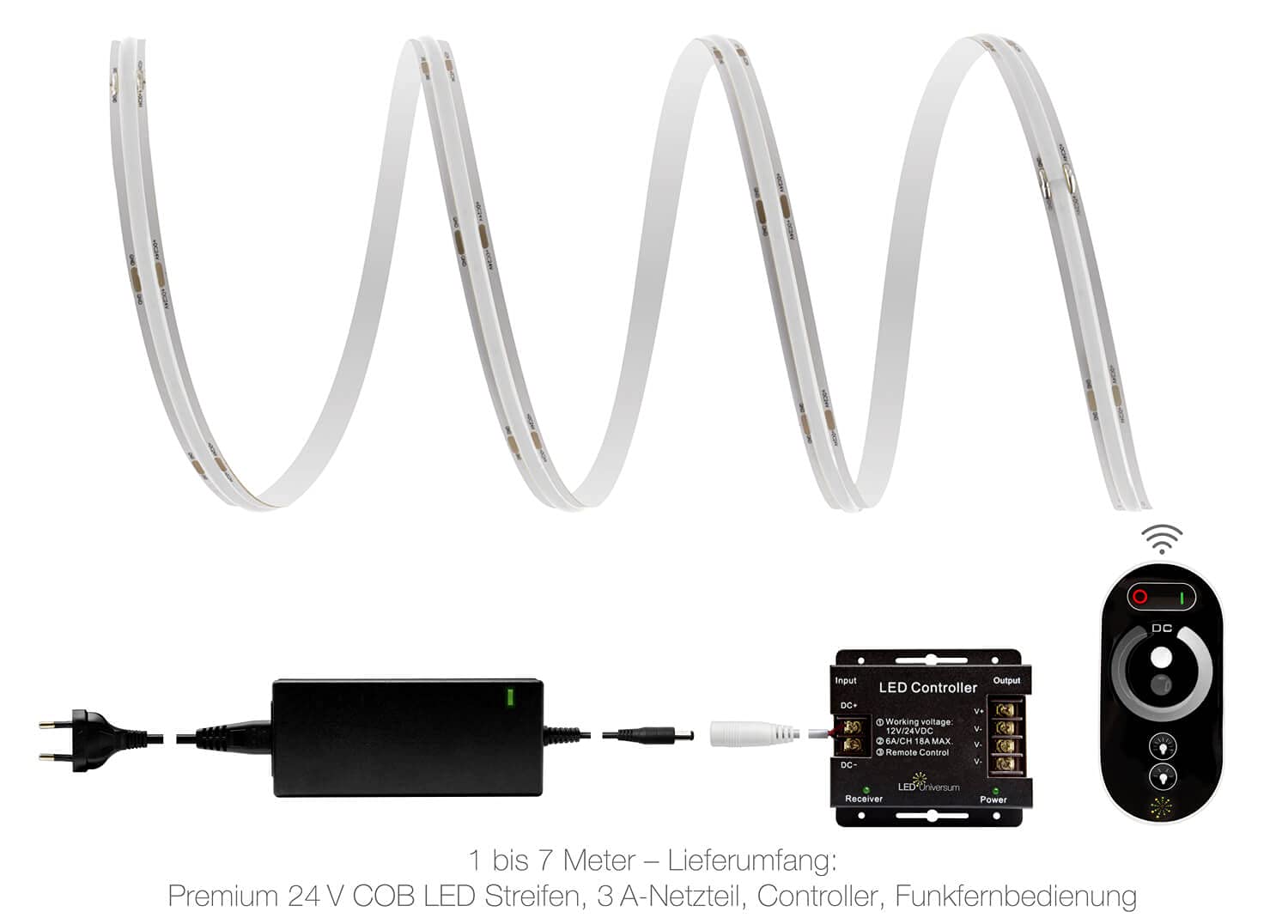 LED Universum Juego de tiras LED COB azul con mando a distancia, controlador y fuente de alimentación, filamento prémium, 24 V, IP20, monocolor (4 metros)