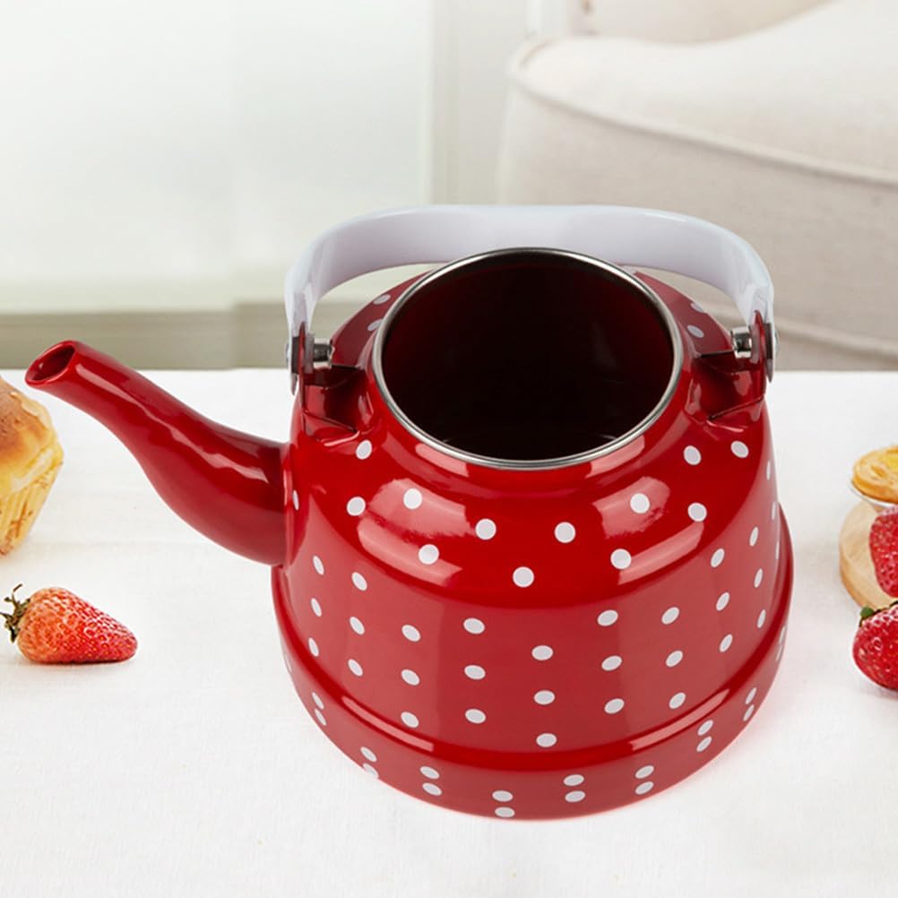 Toyvian Red Enamel Tea Kettle: 1. 1 Quart Heating Hot Water Kettle, Kitchen Stovetop Polka Dot Enamel Teapot with Handle for Gas, Electric And Induction