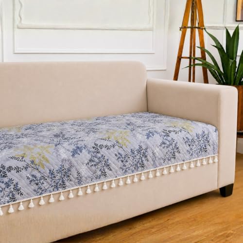 Image of STITCHNEST 'Frostvine Collection' 2 Seater Sofa Cover| Cotton Quilted Fabric, Decorative Tassels, Washable & Durable for Modern Living