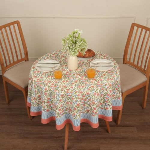 Image of Encasa XO Dining Table Cloth, Jaipuri Block Print Cotton Cover Pink | 60 inch Round | 4 Seater | Handcrafted Floral Pattern | Durable & Easy Care | Indoor & Outdoor Table Protector