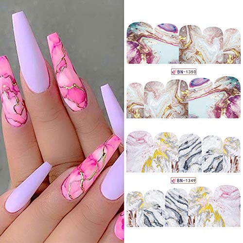Marble Nail Art Stickers Water Transfer Nail Decals Full Wraps Gradient Acrylic Nail Kits For Women Kids Girls Manicure Decoration Accessories Supplies 12 Sheets #TOP6