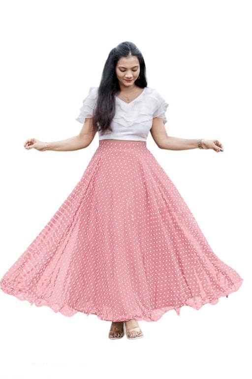 Image of Women's Lycra Top with Georgette Skirt | Polka Dot Print Long Flared Maxi | Full Length Flowy Skirt for Women | Stylish Casual Wear