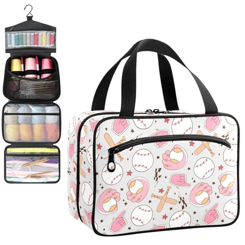YNNALE Sewing Supply Organizer Bag, Pink Girly Sport Themed Baseball Portable Sewing Bags with Pockets&Hanger, Sewing Storage Box Case for Sew Supplies/Kit/Tools/Accessories (BAG ONLY)