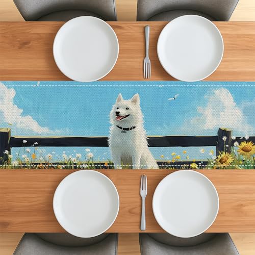 Runner da tavola con cane samoiedo primaverile, 33 x 91 cm, per soggiorno, fattoria, recinto cuccioli, piccolo runner da tavola in iuta, decorazione per casa, cucina, feste