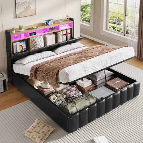 KIMENICH Lit Coffre 160 x 200 à LED, Lit Hydraulique avec Étagères Ouvertes et Rangement Caché en Tête de Lit Capitonné, lit 2 Personnes avec Lattes en...