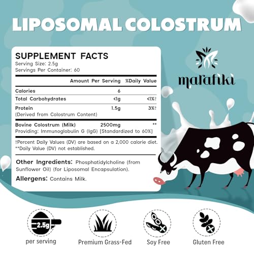 Image of Marafiki Liposomal Bovine Colostrum Supplement - Grass Fed Colostrum Powder - High Bioavailability, Easy to Mix (60 Servings)