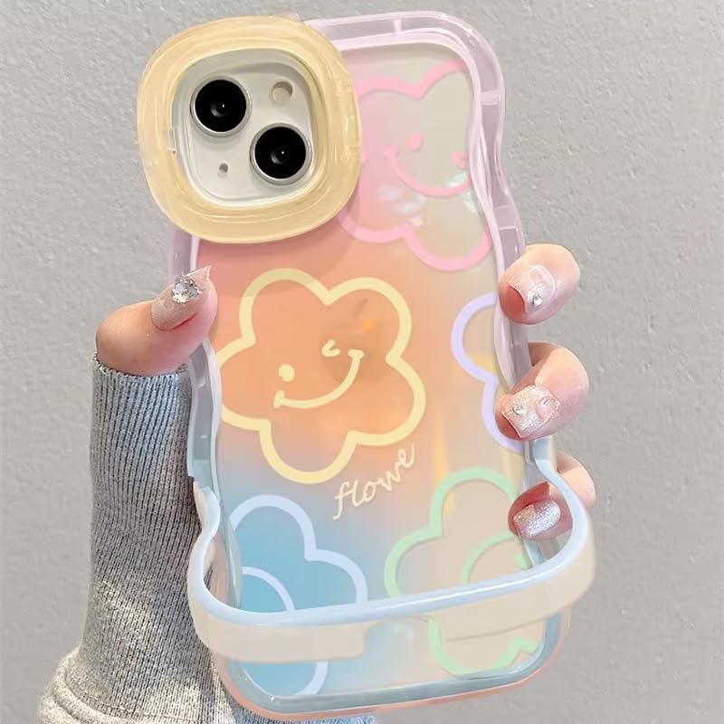 Image of COVERLY 3D Cute Creative Smiley Flower Cartoon Emoji Face Floral Decor Wave Curly Edge Invisible Double Phone Stand Holder Hard Happy Smile Cover Girly Charm Case for Apple iPhone 12 Pro (Multi color)