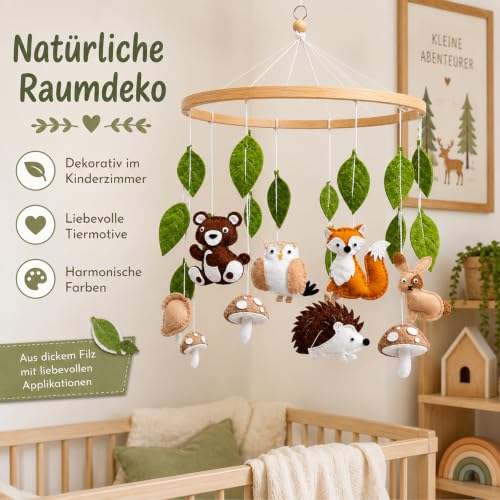 Baby Mobile Halterung Holz,Mobile Waldtiere, Tierchen Waldtiere Bettglocke aus Filz Babybett Bettglocke Anhänger Mobile Babyzimmer Deko… – Ansicht 4