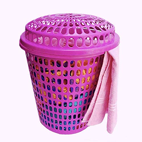 Image of Plastic Laundry Basket With Lid Big Size For Clothes 50 Litre Hamper Bag Dress Storage Toys Organiser Cover Combo With Cap Heavy Duty Round Shape (1 Pcs, Pink)