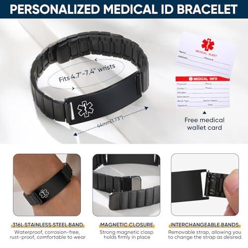 Personalized Medical Alert Bracelets for Men - Free Engraving Medical ID Bracelet Masculine Stainless Steel Waterproof Wristband Jewelry for Dad Husband Custom Emergency Bracelet for Allergy Diabetic4