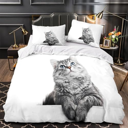 Housse de Couette Chat Gris 3D 140x200 microfibre avec taie d'oreiller