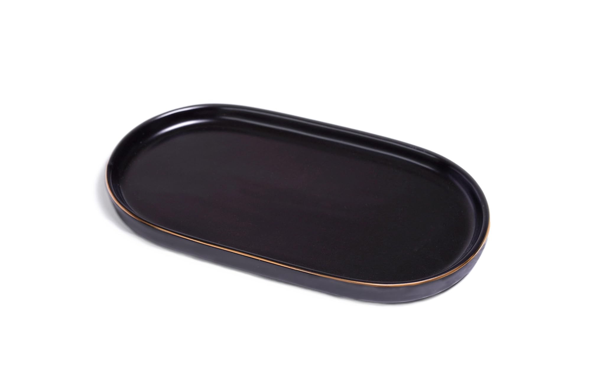 Ceramic Jewelry Dish, Perfume Vanity Tray, 7x4 Decorative Catch All Bowl for Trinket Key Ring, Small Bathroom Counter Tray, Soap Tray for Kitchen Sink (Black)