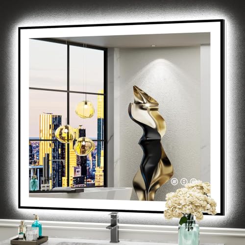 Image of 32x36 Black LED Bathroom Mirror, Backlit & Front Lit Lighted Mirror