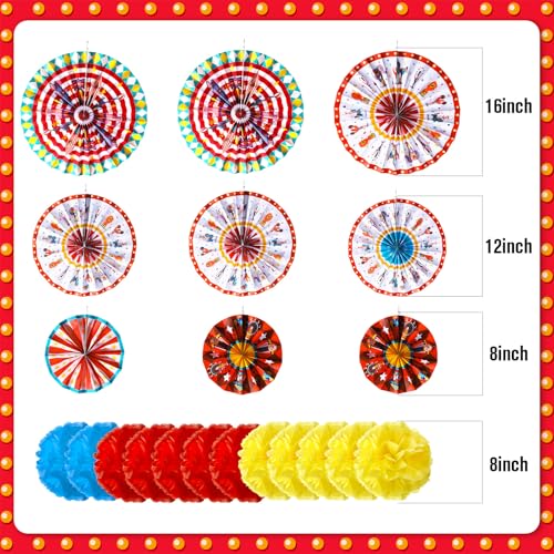 Image of Outus 21 Pcs Carnival Party Decorations with Circus Hanging Paper Fans Red Yellow Blue Paper Pom Poms Tissue Flowers for Ceiling Wall Carnival Circus Theme Birthday Baby Shower Party Favors Supplies