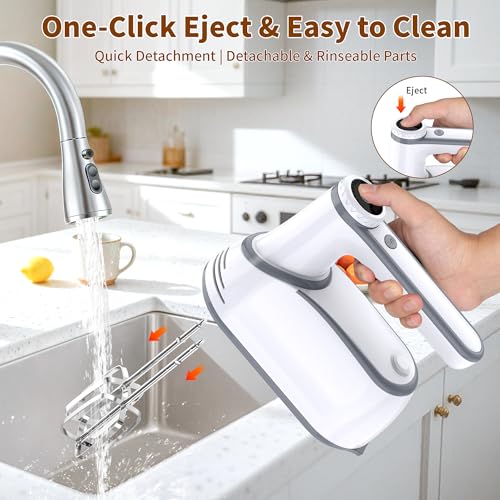 Image of binROC Cordless Electric Hand Mixer, 12-Speed Rechargeable Handheld Mixer with Eject Button, 6 Stainless Steel Attachments, Snap-On Storage Case, LED, Self-Stand for Baking, Cake, Dough, Egg (White)