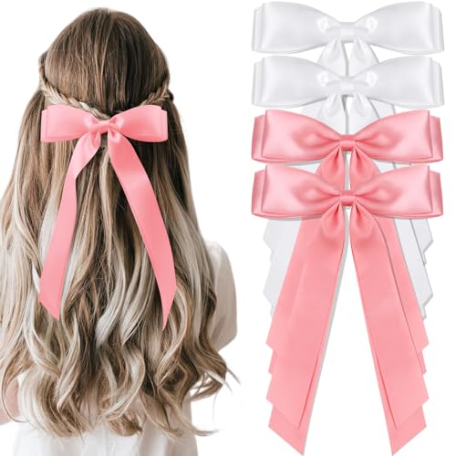 Solid Silky Satin Hair Bows for Women, Hair Ribbon Clip with Long Tail, Ribbon for Hair Daily Wear, White and Pink Hair Bow Hair Accessories