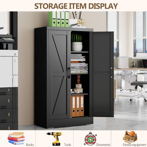 Image of Black Metal Storage Cabinet, 43 inch Kitchen Pantry Cabinets for Office | Steel Kitchen Pantry Storage with Doors and 3 Adjustable Shelves, Metal Tool Cabinet, for Office, Home, Garage, School