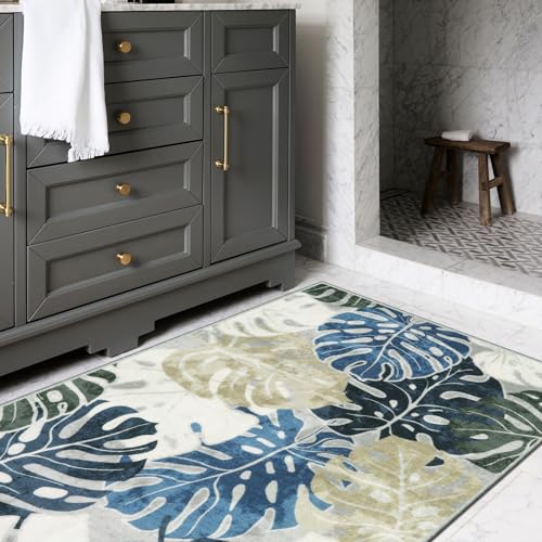 Wonnitar Monstera 3x5 Area Rug, Washable Small Leaf Room Rugs for Bedroom Blue Entry Mat, Tropical Coastal Plant Entrance Carpet Soft Stain Resistant Accent Carpet for Living Room Mudroom Office - Image 6