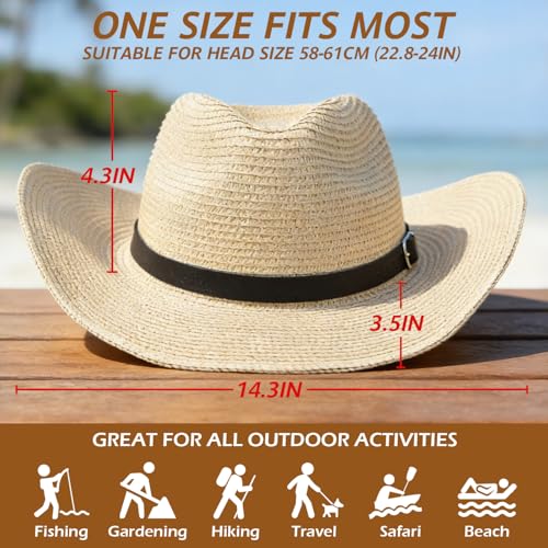 Image of Adjustable Straw Cowboy Hat, Western Cowgirl Sun Hat for Outdoor | Fits Large Heads for Men & Women, Detachable Chin Strap, Shapeable Wide Brim, Breathable & Lightweight