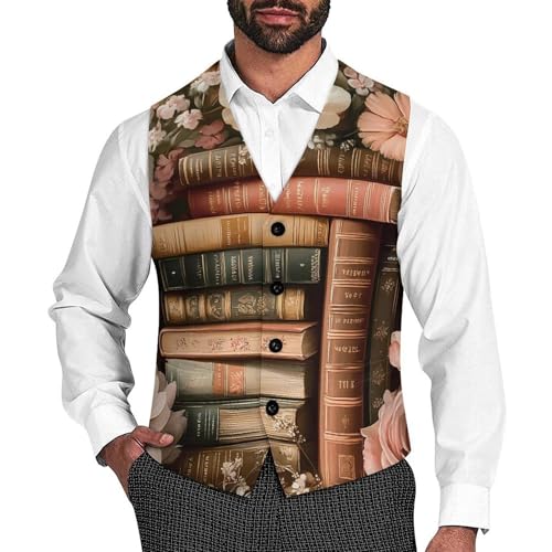 Book Flower Men's Suit Vests Dress Vest V-Neck Waistcoat Slim Business Formal with Pocket