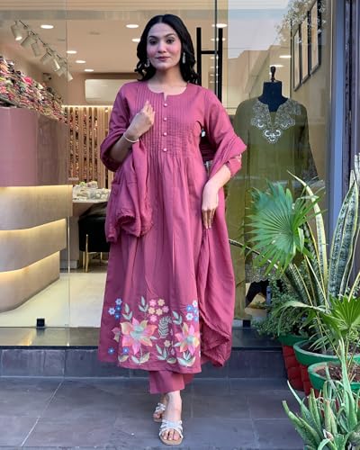 Image of GoSriKi Women's Rayon Viscose Embroidered Anarkali Kurta with Pant and Dupatta | Three Piece Ethnic Kurta Set for Women with Elegant Design