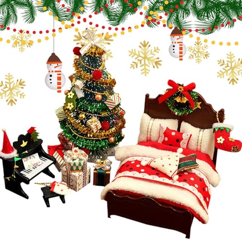 ドールハウス クリスマスデコレーション ? ミニチュアウッド/PVC 5.12x3.15x6.3インチ DIY クリスマス家具モデルセット、ホリデークラフト用ツリーベッドピアノ |冬、家、パーティー、部屋、子供、大人