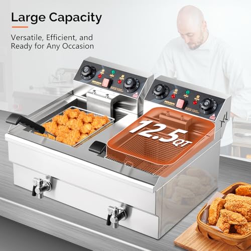 image for ROVSUN 24.9QT Electric Deep Fryer with Baskets, Timer Drains & Lids, 3
