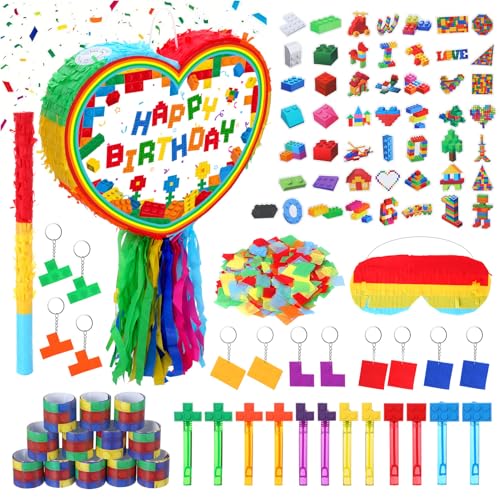 Camptrip Pinata Geburtstag Set mit Augenbinde und Stock Pinjatta Bausteine zum Aufhängen Befüllen Füllung Piñata mit 86 Füllungen Pinjata Party für Geburtstag Spiele (40 x 31 x 7 cm)