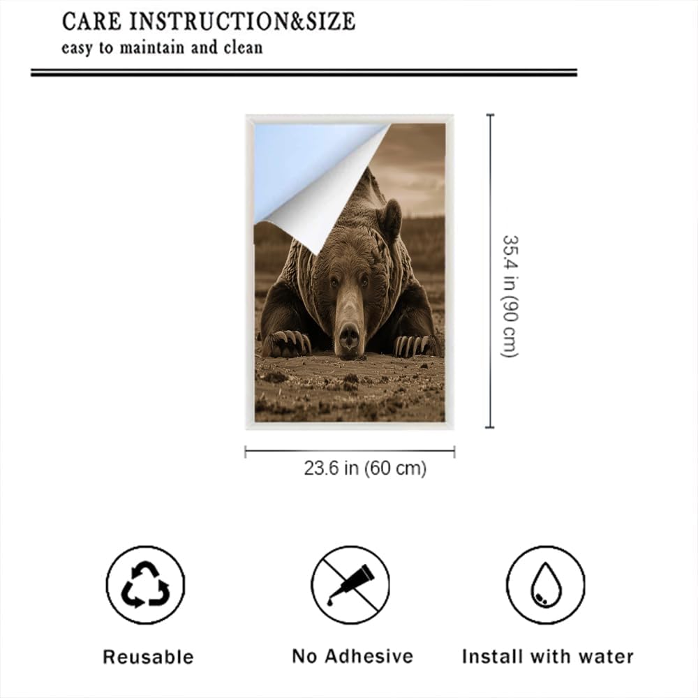 Modern Bear Frosted Window Privacy Film, Rustic Wilderness Animal Landscape Window Glass Covering, Adhesive Window Sticker Decals for Home 23.6Wx35.4L inch