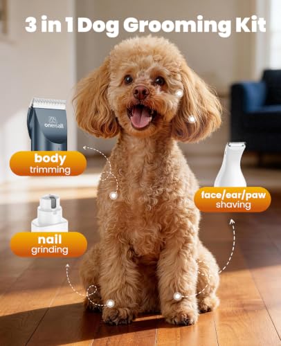 Image of oneisall Dog Clippers and Paw Trimmer Grooming Kit | Low Noise, Powerful Motor, 3-in-1 Dog Trimmers+Nail Grinder, Long-Lasting Battery&Cordless, For Small Medium Large Dogs