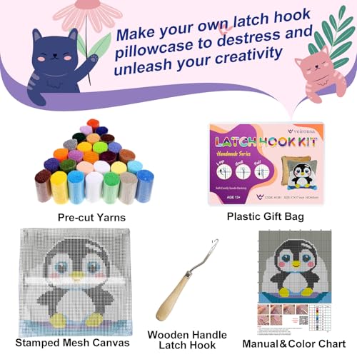 Image of Cute Penguin Latch Hook Kits for Adults Kids Beginners Cartoon Animals Latch Hook Pillow Kit Pre-Printed Latch Hook Rug Kits Cross-stitch Cushion for Home Sofa Decoration 17x17 in. Craft Gift