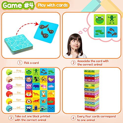 COOJOMMY-Torre-Magica-Colorata-in-Legno-con-AnimaliGioco-Impilabile-in-Legno-TorreGioco-Didattico-4-in-1-per-Giocattoli-Tumble-Tower-Bambini-da-3-a-9-anniClassico-Gioco-per-Famiglie-81-Pezzi