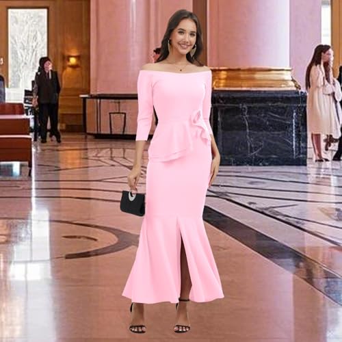 Image of Women's Elegant Formal Mermaid Maxi Dress Off Shoulder Long Sleeve Wedding Split Evening Gown Prom Cocktail Party Dresses