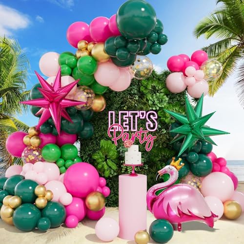 CboDeco Tropical Flamingo Balloon Arch Garland Kit Hot Pink Green Gold Balloons with Flamingo Foil Balloon Hawaiian Luau Summer Beach Party Decorations for Birthday Aloha Party