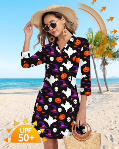 Image of WOWENY 3 /4 Sleeve Dress for Women with Pockets V Neck UPF 50+ Casual Sun Dress Breathable Quick Dry Beach Vacation