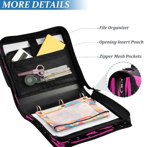 Pink Bows Zipper Binder 3 Ring with Shoulder Strap and Multiple Pockets File Folder Organizer Storage Tote Bag for School and Office4