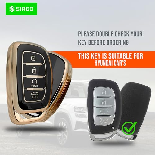 Image of SIAGO SIA360 TPU Key Cover and Metal Keychain Compatible for Hyundai Alcazar and Creta 2021 2022 & 2023 Car 4 Button Smart Key (Black Pack of 1)