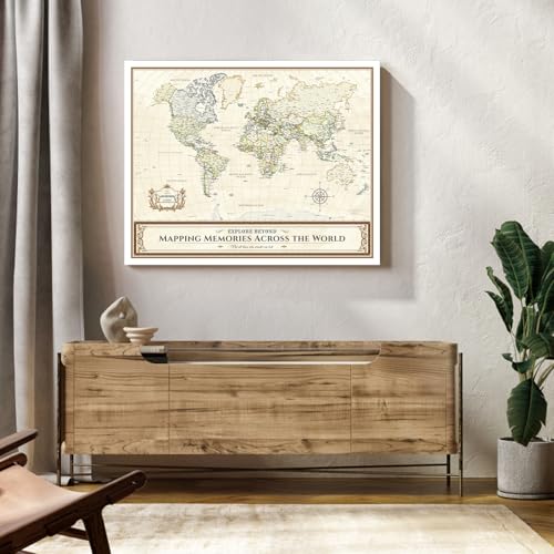 Image of DECORARTS - World Travel Map with Pins, Pin Board Canvas Wall Art, Colorful Classic Maps for Wall Decor, Giclee Print on Canvas, Handcrafted in USA, 30x24''