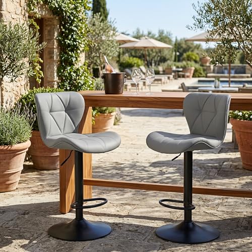 Image of HealSmart Bar Stools Set of 2, Adjustable Faux Leather Swivel Bar Stools, Counter Height Bar Chairs with Back for Kitchen Island, 360 Swivel, 300 lbs Capacity, Grey