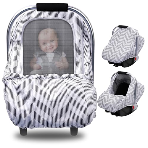 Image of Car Seat Cover Baby, Stretchy Carseat Covers Baby, Infant Stroller Cover with Mesh Window & Storage Pocket, Windproof Carrier Cover Canopy for Boys Girls